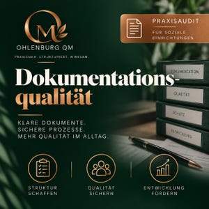 May include: A dark green promotional graphic for Ohlenburg QM featuring the text Dokumentations-qualität, Klare Dokumente, Sichere Prozesse, Mehr Qualität im Alltag, Praxisaudit für soziale Einrichtungen, Struktur schaffen, Qualität sichern, Entwicklung fördern, and a stack of binders.