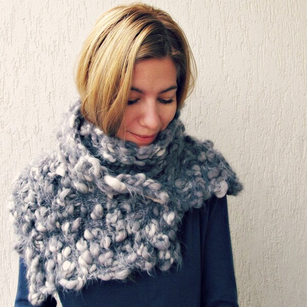 Fluffy Grey Knitted Scarf / Bulky winter Wrap / women accessory/ under 100 Europeanstreetteam