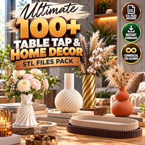 May include: A digital collection of 100+ table tap and home decor STL files for 3D printing. The image displays various decorative vases, including a white dress-shaped vase, a white spiral vase, a gold textured vase, and an orange gourd-shaped vase.