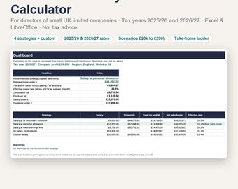 Ltd Company Director Salary vs Dividend Calculator 2025/26 & 2026/27 | UK Excel Tax Planner, Corporation Tax, NI, Take-Home