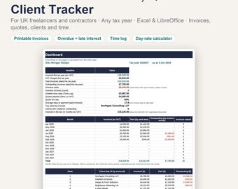 UK Freelancer Invoice Template & Client Tracker Spreadsheet, Any Tax Year | Excel Quote Template, Time Log, Late Payment Interest