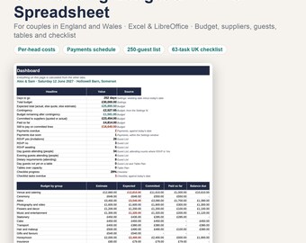 UK Wedding Budget & Planner Spreadsheet for Couples | Excel Wedding Planning Template, Guest List, RSVP, Table Plan, UK Checklist