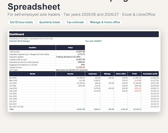 UK Sole Trader Bookkeeping Spreadsheet 2025/26 & 2026/27 | Self-Employed Self Assessment, Expenses, Mileage, Tax Estimate, Excel