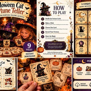 May include: A Halloween Cat Fortune Teller activity set featuring nine unique cards with spooky messages, instructions on how to play, and a Which Halloween Cat Are You chart. The printable game includes illustrations of black cats in witch hats.