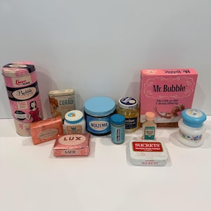 Vintage Bathroom Lot, Mr. Bubble, Lux Soap, Noxzema, Pond’s, Sucrets, Curad, Nostalgic Medicine Cabinet Decor