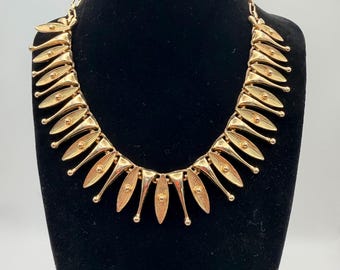 Vintage Sarah Coventry Egyptian Temptress Statement Necklace, Gold Tone Waterfall Bib Fringe 1962