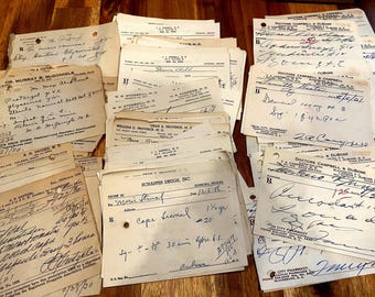 May include: A collection of vintage prescription pads and handwritten prescriptions, featuring various doctors' names and pharmacy stamps. The papers are aged with visible handwriting in black ink, creating a nostalgic aesthetic.