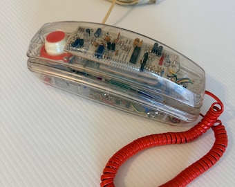 Vintage Lonestar Model Clear Telephone, Transparent Push Button Landline Phone, 1990s Retro Phone, Red Cord