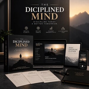 May include: A product set titled The Diciplined Mind featuring a book, laptop, tablet, and smartphone displaying digital content, alongside a habit tracker, goal planner, mindset worksheet, and a black notebook with a pen on a dark surface.