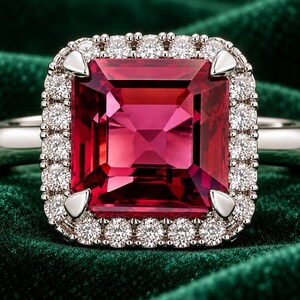 Anillo de rubí natural talla esmeralda y diamantes en oro blanco de 14 quilates, 4,30 ct (certificado por IGL).