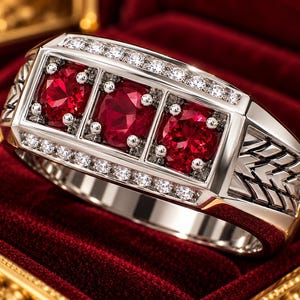 Op de afbeelding: Een zilverkleurige ring met drie opvallende, rondgeslepen rode stenen op een rij, omrand door rijen kleine, heldere witte steentjes. De ringband heeft aan de zijkanten een gestructureerd visgraatpatroon voor een gedetailleerde metalen afwerking.