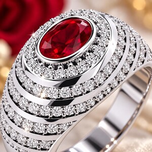Puede incluir: Un anillo de tono plateado con una gran piedra preciosa de color rojo intenso y corte ovalado en el centro. La piedra está rodeada por varias filas concéntricas de pequeñas piedras claras de corte redondo engastadas en la banda de metal pulido.