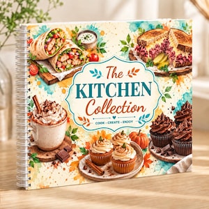Może przedstawiać: Książka kucharska ze spiralą zatytułowana The KITCHEN Collection COOK CREATE ENJOY, zawierająca akwarelowe ilustracje wrapów, kanapki, kubka gorącej czekolady z bitą śmietaną, babeczek i dyni na jasnym tle.