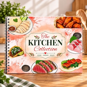 Puede incluir: Un libro de cocina de espiral titulado The KITCHEN Collection con fondo de acuarela. La portada presenta ilustraciones de pollo con arroz, alitas de pollo, un taco, sashimi y carne, con el texto COOK CREATE ENJOY en la parte inferior.