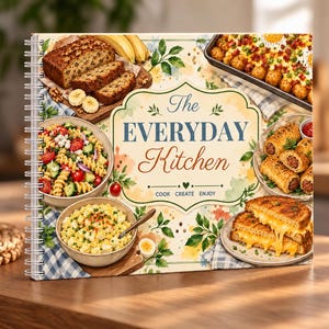 Puede incluir: Un libro de cocina con encuadernación en espiral titulado The Everyday Kitchen con el subtítulo Cook Create Enjoy. La portada presenta ilustraciones de pan de plátano, ensalada de pasta, un plato de patatas, aperitivos y un sándwich de queso.