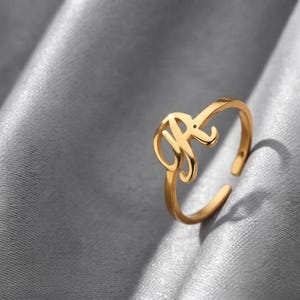 Personalized Initial Ring, 18K Gold-Plated Stainless Steel, Adjustable Dainty Jewelry