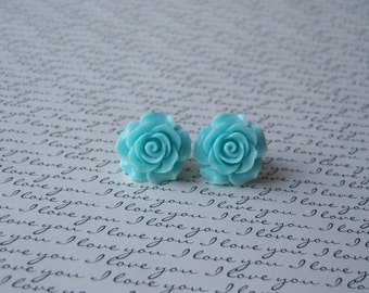 New Large Light Teal Rose Earrings