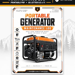 May include: A portable generator maintenance log document featuring the text Portable Generator Maintenance Log, with icons for maintenance, fuel, oil service, repairs, parts, run time, expenses, and test runs. The document measures 8.5 x 11 inches.