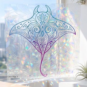 May include: A square window film featuring a gradient manta ray illustration in shades of blue and purple with intricate line work. The film has a textured, iridescent, stained-glass effect that refracts light. The text OH1758-1 is visible.