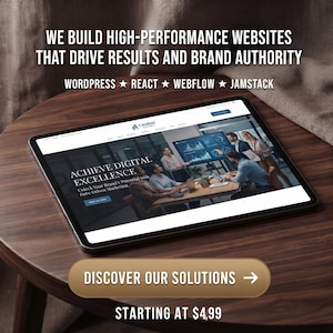 以下が含まれることがあります： Catalyst Agencyのウェブサイトを表示するタブレット。画面にはWE BUILD HIGH-PERFORMANCE WEBSITES THAT DRIVE RESULTS AND BRAND AUTHORITY、WORDPRESS、REACT、WEBFLOW、JAMSTACK、ACHIEVE DIGITAL EXCELLENCE、DISCOVER OUR SOLUTIONSのテキストが表示されています。