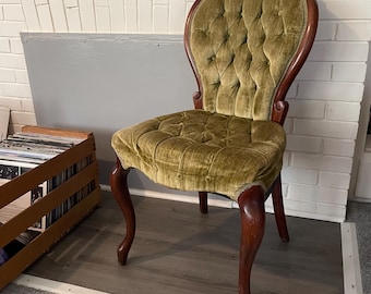 Vintage Olive Colored Hand Carved Wooden Victorian Parlor Chair