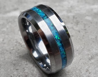 Opal Ring, Tungsten Band, Glow in the Dark Channel Ring, Turquoise Wedding Band