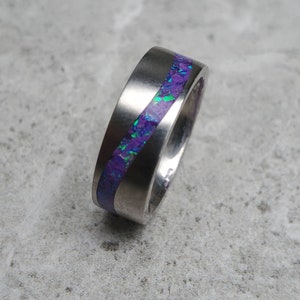 Opal Wave Ring, Purple Titanium Wedding Band, Ocean Jewelry,