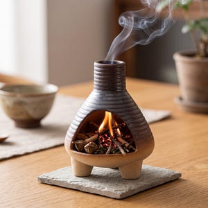 May include: A brown ceramic incense burner with a ribbed neck and three short legs. The burner has a wide, open front chamber containing burning twigs and embers, with a thin trail of white smoke rising from the top opening of the vessel.
