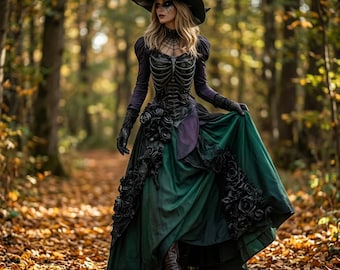 Skeleton Witch Costume Dress, Purple Green Gothic Gown, Rose Appliqué (Sizes S-5XL)