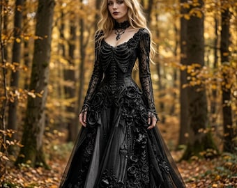 Gothic-Spitzenkleid, Totenkopf-Rosen-Applikationen, Korsett-Oberteil, lange Ärmel (S-5XL)