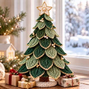 May include: A decorative crochet Christmas tree featuring layered dark and light green leaf-shaped segments with gold-trimmed edges. The tree is topped with a white crocheted star accented by a central pearl and decorated with small white pearl beads.