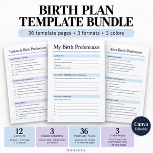 Puede incluir: Un paquete de plantillas de plan de parto con 36 páginas en 3 formatos y 3 colores. Los documentos incluyen secciones para preferencias de trabajo de parto, preferencias de nacimiento y cuidados posteriores con casillas y líneas.