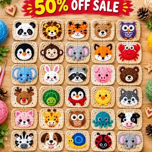 May include: A collection of thirty-five square crochet patches featuring various animal faces, including a panda, lion, tiger, bear, owl, penguin, monkey, elephant, fox, crab, rabbit, raccoon, pig, turtle, chick, wolf, cat, giraffe, octopus, cow, zebra, dog, snail, ladybug, frog, and fish.