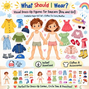 Könnte beinhalten: Ein druckbares Papierpuppen-Set mit dem Titel What Should I Wear? mit zwei illustrierten Figuren und verschiedenen Kleidungsstücken für unterschiedliche Wetterbedingungen, darunter ein gelber Regenmantel, Pullover, Kleider, Hüte, Schals und Schuhe.
