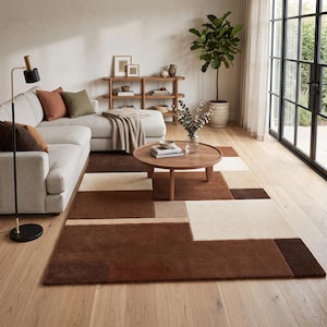 Geometrisch bruinbeige vloerkleed, modern abstract patchwork vloerkleed, neutraal vloerkleed voor de woonkamer, eigentijdse geometrische vloermat, minimalistische woondecoratie