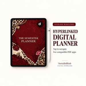 Leopard Digital Student Planner for Goodnotes, Burgundy Cherry Hyperlinked Semester PDF
