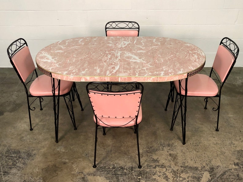 Vintage Pink Wrought Iron Mid Century Dining Table W 4 Chairs Image 0