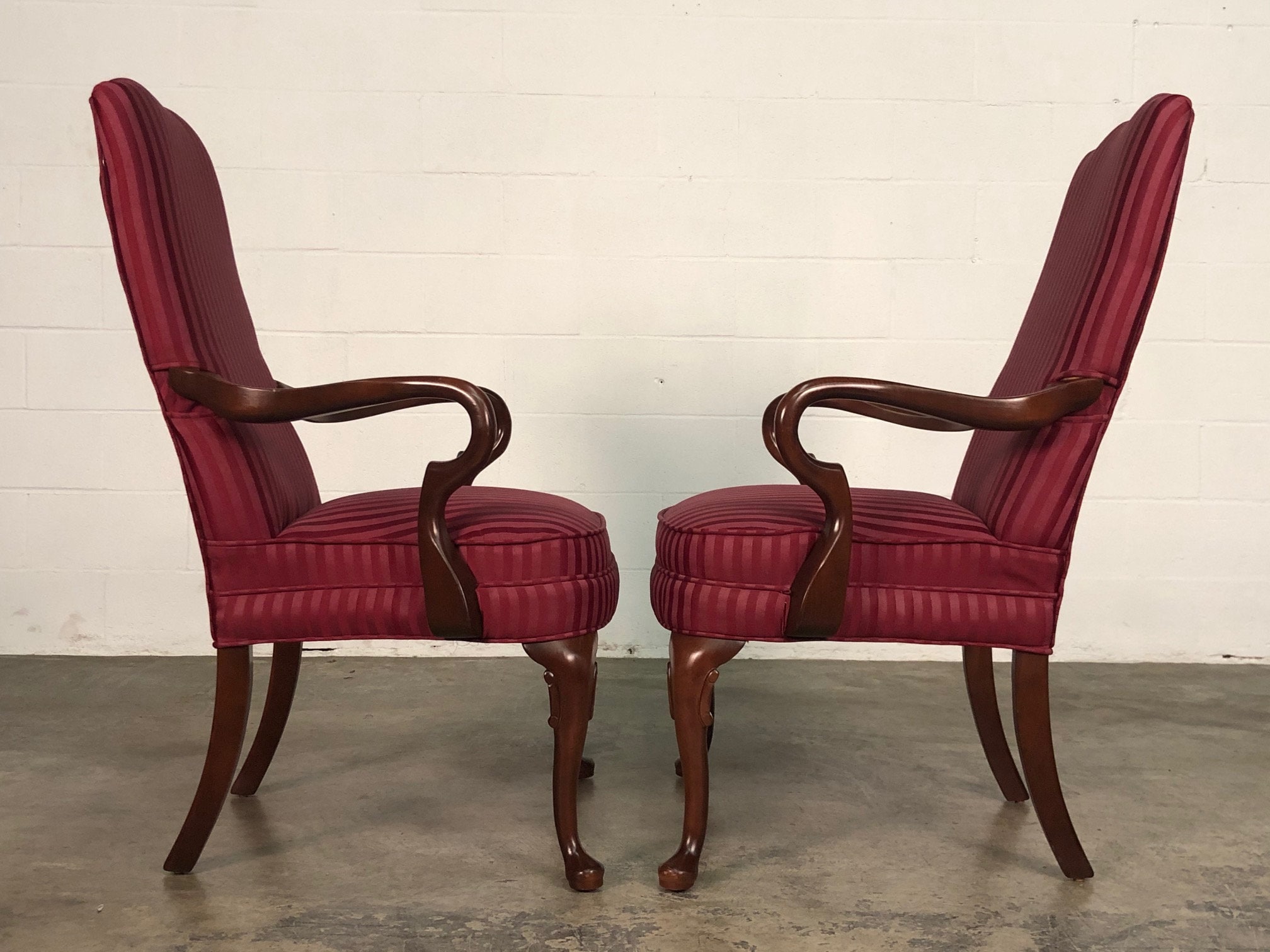 Queen Anne Mahogany Accent Chair With Burgundy Stripe Fabric Etsy