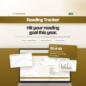 May include: A digital reading tracker interface displayed on a laptop screen, featuring charts, progress bars, and data tables. The design uses a gold and white color scheme with text including Reading Tracker, Hit your reading goal this year.