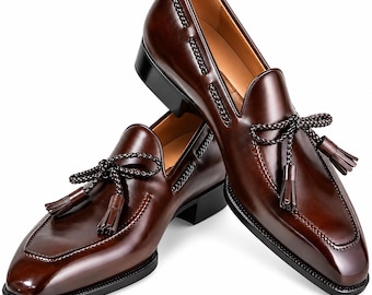 Men’s Brown Leather Tassel Loafers | Handmade Dress Shoes | Classic Formal Slip On Shoes | Business, Office & Wedding Footwear