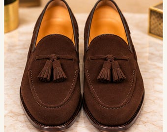 Men’s Dark Brown Suede Tassel Loafers, Classic Slip On Dress Shoes, Elegant Formal Business and Wedding Footwear