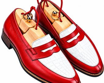 Men’s Red White Leather Loafers | Handmade Penny Loafer Dress Shoes | Classic Formal Business Shoes | Wedding & Party Footwear