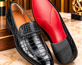 Men’s Black Crocodile Embossed Loafers, Luxury Slip On Dress Shoes, Elegant Formal Wedding and Business Footwear