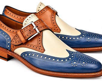 Men’s Blue White Leather Monk Strap Shoes | Handmade Wingtip Brogue Dress Shoes | Vintage Formal Business & Wedding Footwear