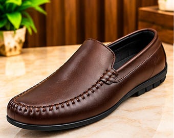 Men’s Dark Brown Leather Loafers, Handmade Moccasin Slip On Shoes, Classic Casual Driving Footwear