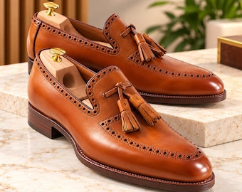 Men’s Tan Brown Tassel Loafers, Leather Dress Shoes, Classic Wingtip Brogue Slip On Shoes, Elegant Formal Footwear