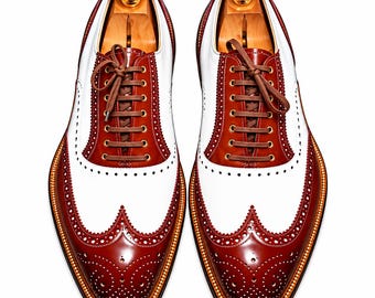 Men’s Burgundy White Leather Wingtip Oxford Shoes | Handmade Brogue Dress Shoes | Two Tone Formal Business Wedding Footwear