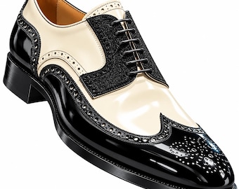 Men’s Black White Leather Wingtip Oxford Shoes | Handmade Brogue Dress Shoes | Two Tone Formal Business & Wedding Footwear