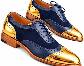 Men’s Navy Blue Gold Wingtip Oxford Shoes | Leather Brogue Dress Shoes | Handmade Formal Business Wedding Footwear