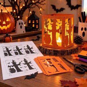May include: A square orange paper lantern featuring die-cut silhouettes of a witch stirring a cauldron, illuminated by a small candle. Beside it are printed paper templates and cut-out orange panels showing the same witch design on a wooden surface.
